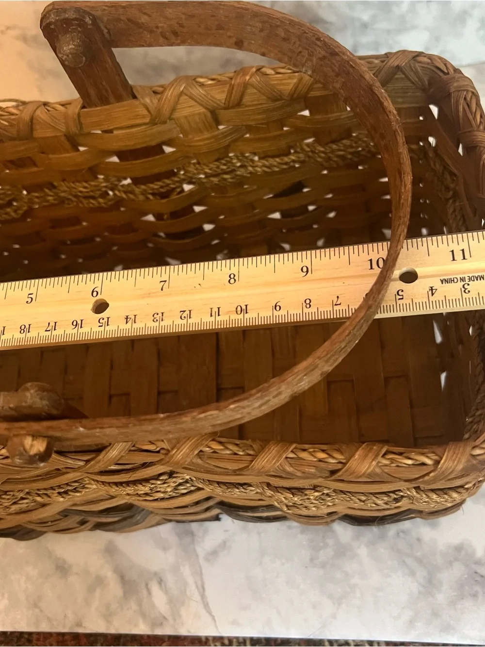 Vintage Brown Woven Basket with Wooden Handle and Fish Charm